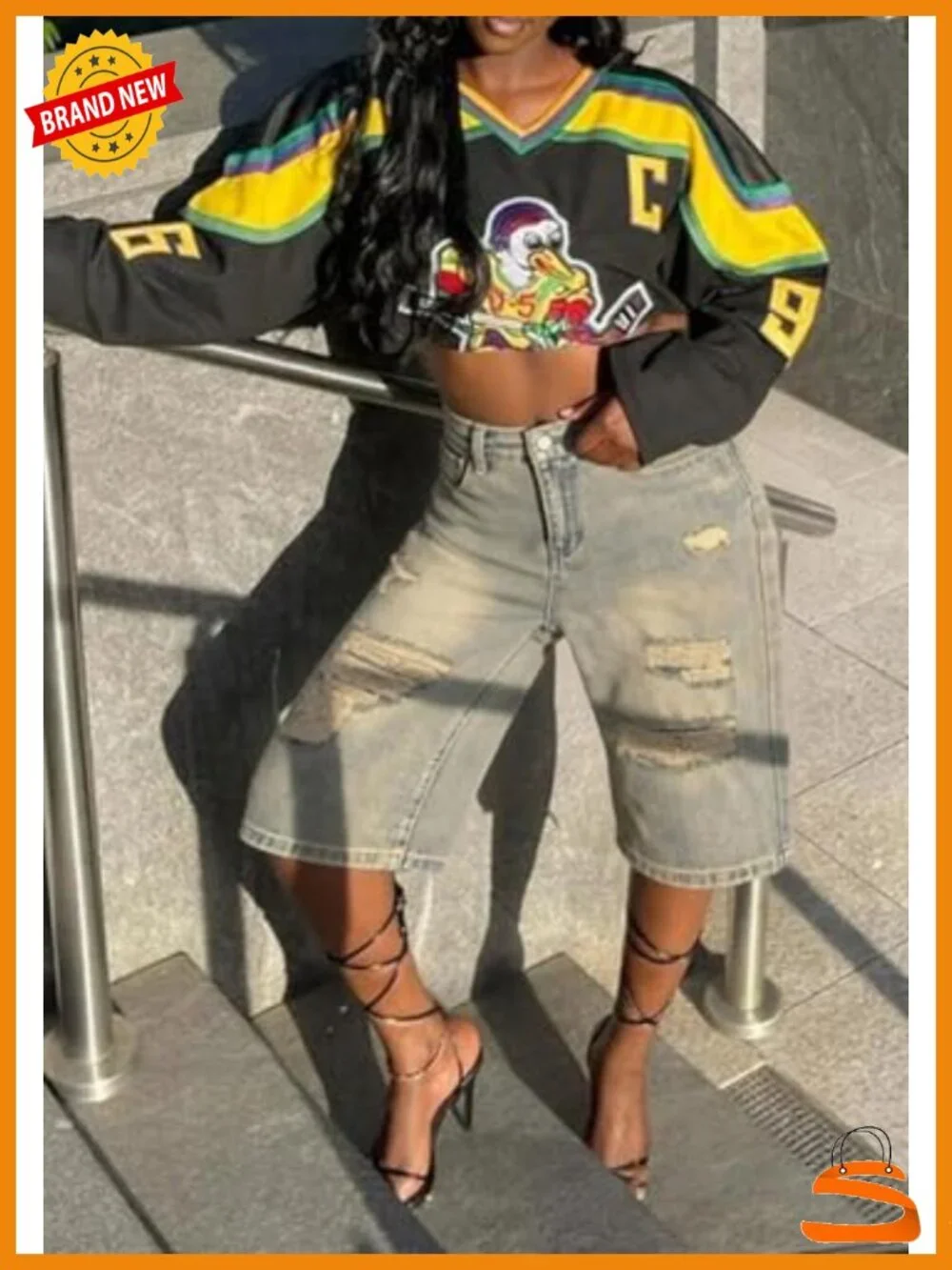 High Waisted Baggy Bermuda Denim Shorts Distressed Ripped Y2K Streetwear
